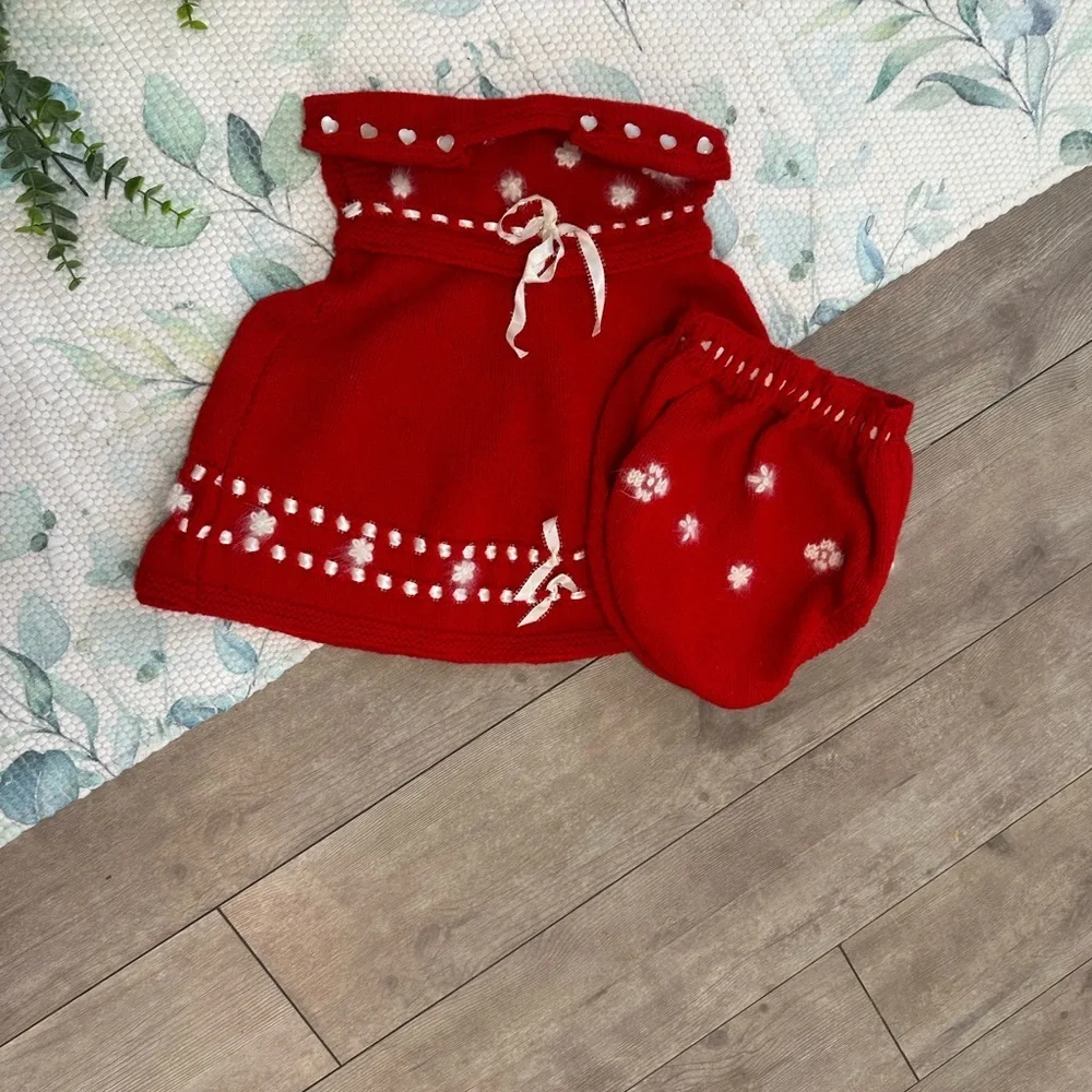 Red Knitted Baby Dress with White Accents
